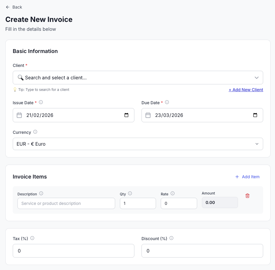 Invoice form - basic information section