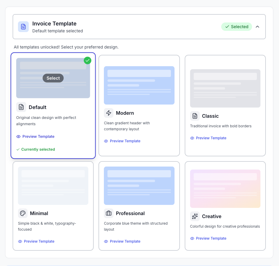 Invoice template selector